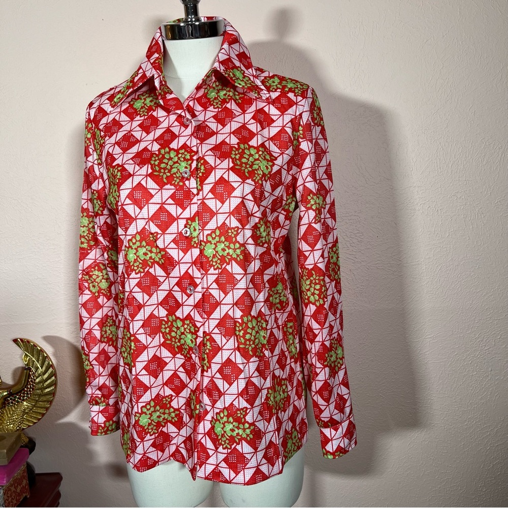Vintage 1960 70 Western Red Green Gingham wild Print floral Dagger Collar Shirt - Picture 14 of 17